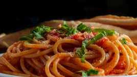 Спагети с домати, лук и босилек