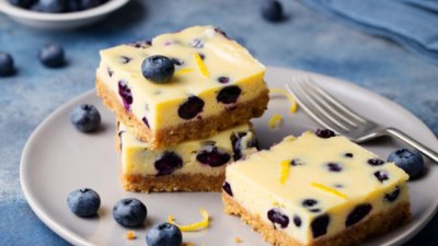 Лимонови чийзкейк барчета с боровинки 