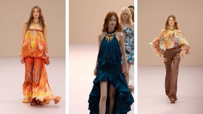 Ефирни материи, волани и цветя от Zimmermann за пролет/лято 2026. Снимка: Getty