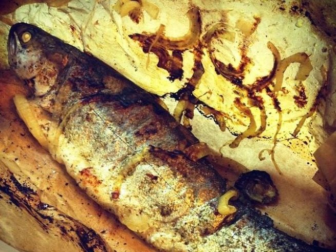 2 цели пъстърви, почистени или друга ваша любима риба
1 голяма глава лук 
зехтин 
сол 
хартия за печене

сухи подправки:
бял пипер 
копър 
магданоз 
босилек 
естрагон 
дафинов лист 
карамфил 
маточина 
риган 
розмарин 
мащерка 
