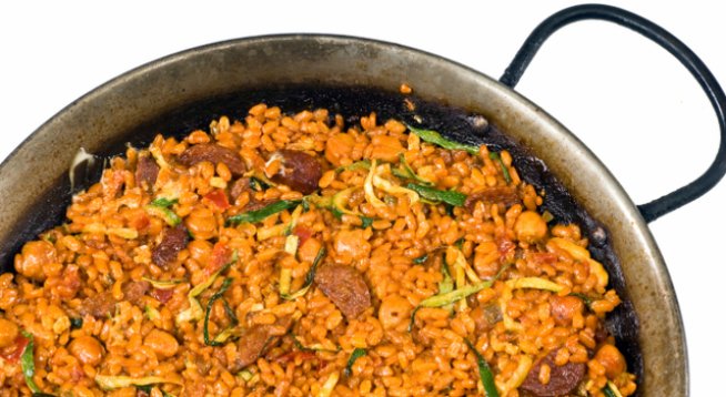 1 чаена чаша нахут
1 чаена чаша ориз
2-3 наденици по ваш вкус или 400 г бекон или колбас
няколко стръка магданоз
1 голяма глава лук
2 пасирани домата
3 скилидки чесън
сол, черен пипер