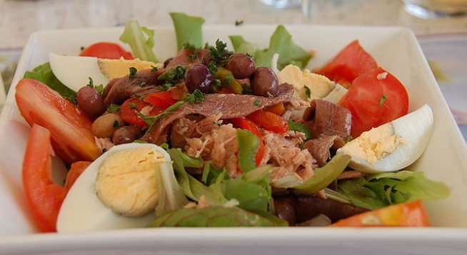 1 пакет рукола
3 твърдо сварени яйца
3-4 големи домата
2 зелени чушки
1 глава червен лук Шалот
1 консерва риба тон
черни маслини
филенца аншоа
2 с.л. зехтин
½ с.л. черен пипер
2 стръка ситно нарязан босилек
щипка сол 