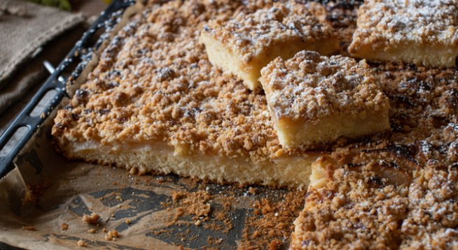 1 чаша масло
1 чаша захар
2 яйца
2 чаши брашно
1 чаена лъжица сода
1 чаена лъжица бакпулвер
½ чаена лъжица сол
1 чаена лъжица ванилов екстракт
1 чаша мътеница
За хрупкавия топинг:
1/3 чаша кафява захар
1/3 чаша бяла захар
1 чаена лъжица канела
1 чаша счукани орехи