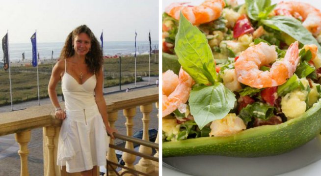 1 авокадо
лимонов сок
сол, бял пипер на вкус
червена чушка
1 твърдо сварено яйце
1-2 с.л. крема сирене
няколко скариди
див лук и червен хайвер за украса