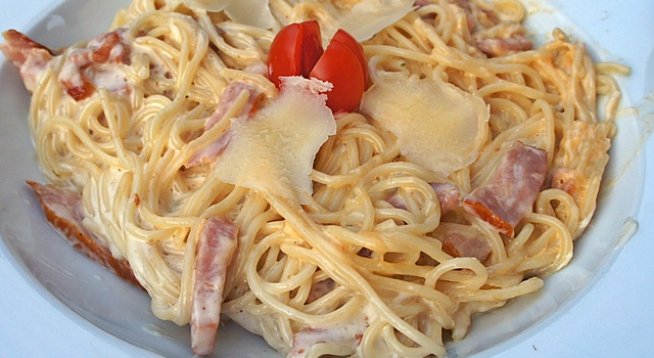 спагети
бекон или шунка
кашкавал
течна сметана
сол
олио
черен пипер
чери домати
босилек