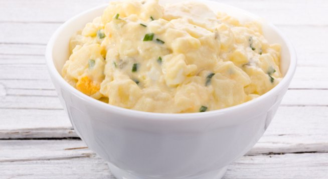 2 чаши картофи на кубчета
1 чаена лъжица сол
1 чаша заквасена сметана
½ чаша готов дресинг за салата по избор (на майонезена основа)
½ чаена лъжичка черен пипер
1 чаша настърган кашкавал
½ чаша нарязан пресен лук
½ чаша пушен бекон