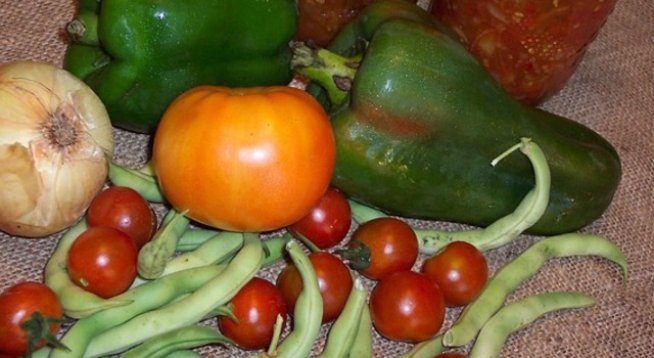 2.500 кг патладжан
2 кг пиперки (червени и зелени)
5 броя ябълки
1 ч. ч. олио
1 ч. ч. оцет
1 ч. ч. захар
3 глави чесън
сол на вкус