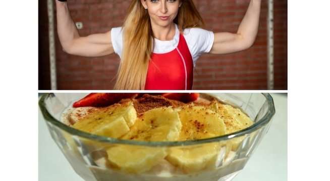 1 кофичка Skyr (исландски високопротеинов нискомаслен продукт, наподобяващ заквасена сметана)
Една доза шоколадов протеин
Половин банан (или друг плод по избор – горски плодове, ябълка)
100 грама ягоди
Канела (по избор)