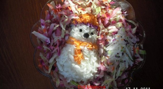 100 г зелено зеле
100 г червено зеле
100 г бяла ряпа
1 морков
За соса:
1 суп. лъж. майонеза
1 суп. лъж. заквасена сметана или кисело мляко
2 суп. лъж. рендосан кашкавал
1 ч. л. сол
1 ч. л. чесново брашно по желание