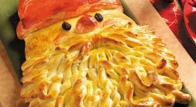 4 и 1/2 чаши брашно
1/2 чаена чаша захар
половин пакетче суха мая
1/2 чаена лъжичка сол
1/2 чаша прясно мляко-леко затоплено
150 г масло
2 яйца
3 прахчета ванилия
2 жълтъка за намазване
2 бр стафиди
червен хранителен оцветител разтворен във вода