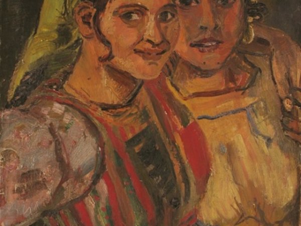 „Две момичета със забрадки”, кр. на 30-те г.
маслени бои, картон; 70,4х47,6
